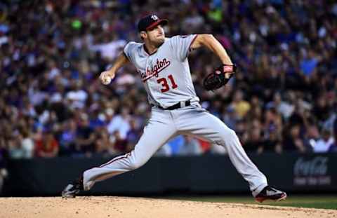 Aug 15, 2016; Denver, CO, USA; Washington Nationals starting pitcher Max Scherzer (31) delivers a pitch in the fifth inning against the Colorado Rockies at Coors Field. The Nationals defeated the Rockies 5-4. Mandatory Credit: Ron Chenoy-USA TODAY Sports