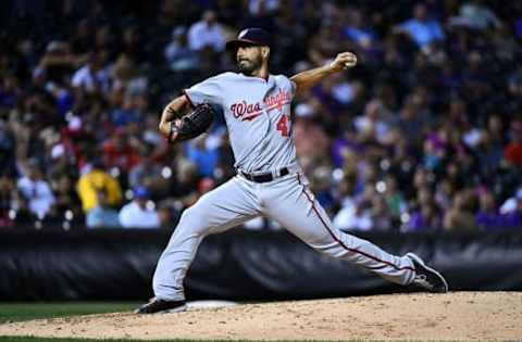 Aug 16, 2016; Denver, CO, USA; Washington Nationals starting pitcher Gio Gonzalez (47) delivers a pitch in the third inning against the Colorado Rockies at Coors Field. Mandatory Credit: Ron Chenoy-USA TODAY Sports