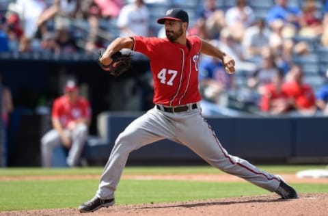 Aug 21, 2016; Atlanta, GA, USA; Washington Nationals starting pitcher Gio Gonzalez (47) pitches against the Atlanta Braves during the fifth inning at Turner Field. Mandatory Credit: Dale Zanine-USA TODAY Sports