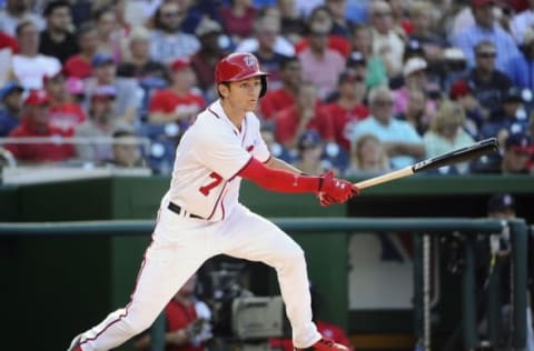 Aug 10, 2016; Washington, DC, USA; Washington Nationals second baseman Trea Turner (7) hits a double against the Cleveland Indians during the fifth inning at Nationals Park. Mandatory Credit: Brad Mills-USA TODAY Sports