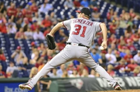 Aug 30, 2016; Philadelphia, PA, USA; Washington Nationals starting pitcher Max Scherzer (31) throws a pitch during the sixth inning against the Philadelphia Phillies at Citizens Bank Park. The Nationals defeated the Phillies, 3-2. Mandatory Credit: Eric Hartline-USA TODAY Sports