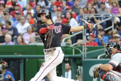 Sep 5, 2016; Washington, DC, USA; Washington Nationals second baseman Trea Turner (7) hits a two run homer against the Atlanta Braves during the third inning at Nationals Park. Mandatory Credit: Brad Mills-USA TODAY Sports