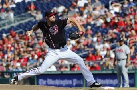 Sep 5, 2016; Washington, DC, USA; Washington Nationals starting pitcher Max Scherzer (31) throws against the Atlanta Braves during the third inning at Nationals Park. Mandatory Credit: Brad Mills-USA TODAY Sports