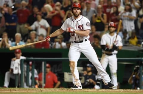 Sep 13, 2016; Washington, DC, USA; Washington Nationals second baseman Daniel Murphy (20) reacts after striking out in the tenth inning against the New York Mets at Nationals Park. New York Mets defeated Washington Nationals 4-3 in the tenth inning. Mandatory Credit: Tommy Gilligan-USA TODAY Sports