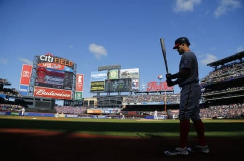 Oct 4, 2015; New York City, NY, USA; Washington Nationals right fielder Bryce Harper (34) waits on deck to hit against the New York Mets in the first inning at Citi Field. Mandatory Credit: Noah K. Murray-USA TODAY Sports