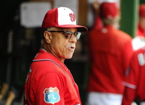 Apr 2, 2016; Washington, DC, USA; Washington Nationals first base coach Davey Lopes (15) in the dugout against the Minnesota Twins during the sixth inning at Nationals Park. Mandatory Credit: Brad Mills-USA TODAY Sports