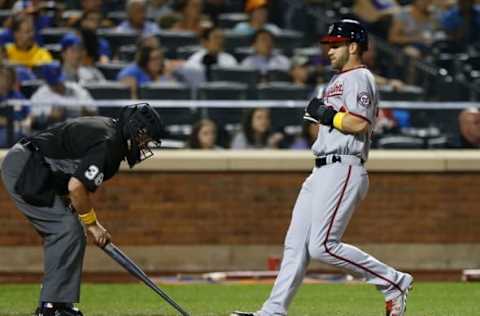 Sep 2, 2016; New York City, NY, USA; Washington Nationals right fielder Bryce Harper (34) scores in the fourth inning against the New York Mets at Citi Field. Mandatory Credit: Noah K. Murray-USA TODAY Sports