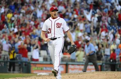 Sep 14, 2016; Washington, DC, USA; Washington Nationals relief pitcher Mark Melancon (43) reacts after the final out against the New York Mets at Nationals Park. The Washington Nationals won 1-0. Mandatory Credit: Brad Mills-USA TODAY Sports