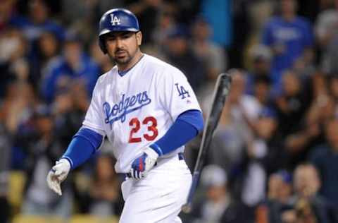 September 22, 2016; Los Angeles, CA, USA; Los Angeles Dodgers first baseman Adrian Gonzalez (23) draws a walk in the seventh inning against the Colorado Rockies at Dodger Stadium. Mandatory Credit: Gary A. Vasquez-USA TODAY Sports