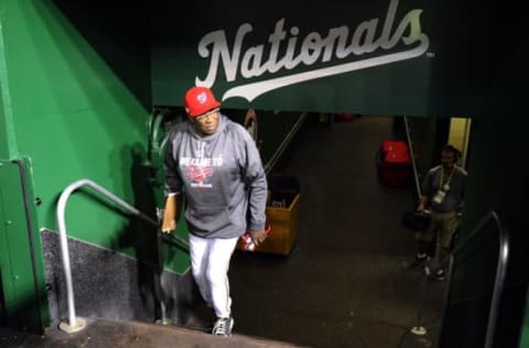 Oct 13, 2016; Washington, DC, USA; Washington Nationals manager Dusty Baker walks into the dugout prior to game five of the 2016 NLDS playoff baseball game against the Los Angeles Dodgers at Nationals Park. Mandatory Credit: Brad Mills-USA TODAY Sports