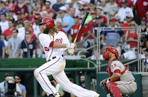 Jun 12, 2016; Washington, DC, USA; Washington Nationals left fielder Jayson Werth (28) hits a walk off two run RBI single against the Philadelphia Phillies during the ninth inning at Nationals Park. The Washington Nationals won 5-4. Mandatory Credit: Brad Mills-USA TODAY Sports