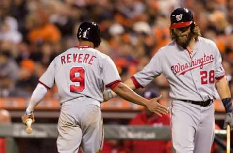 Jul 29, 2016; San Francisco, CA, USA; Washington Nationals center fielder Ben Revere (9) celebrates scoring with left fielder Jayson Werth (28) against the San Francisco Giants in the fifth inning at AT&T Park. Mandatory Credit: John Hefti-USA TODAY Sports