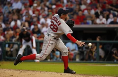 Oct 7, 2016; Cleveland, OH, USA; Boston Red Sox relief pitcher Brad Ziegler (29) pitches against the against the Cleveland Indians in the sixth inning during game two of the 2016 ALDS playoff baseball series at Progressive Field. Mandatory Credit: Rick Osentoski-USA TODAY Sports