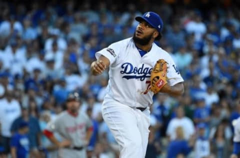 Oct 11, 2016; Los Angeles, CA, USA; Los Angeles Dodgers relief pitcher Kenley Jansen (74) delivers a pitch in the ninth inning against the Washington Nationals during game four of the 2016 NLDS playoff baseball series at Dodger Stadium. Mandatory Credit: Jayne Kamin-Oncea-USA TODAY Sports