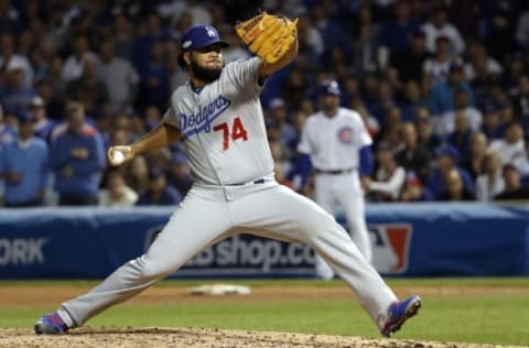 Oct 16, 2016; Chicago, IL, USA; Los Angeles Dodgers relief pitcher Kenley Jansen (74) pitches during the eighth inning against the Chicago Cubs in game two of the 2016 NLCS playoff baseball series at Wrigley Field. Mandatory Credit: Jon Durr-USA TODAY Sports