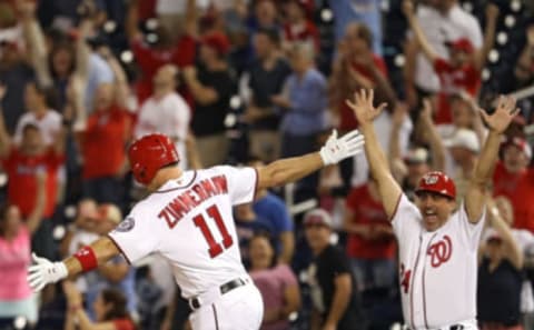 WASHINGTON, DC – AUGUST 22: Ryan Zimmerman #11 of the Washington Nationals celebrates after hitting a walk-off two-run home run against the Philadelphia Phillies during the ninth inning at Nationals Park on August 22, 2018 in Washington, DC. (Photo by Patrick Smith/Getty Images)