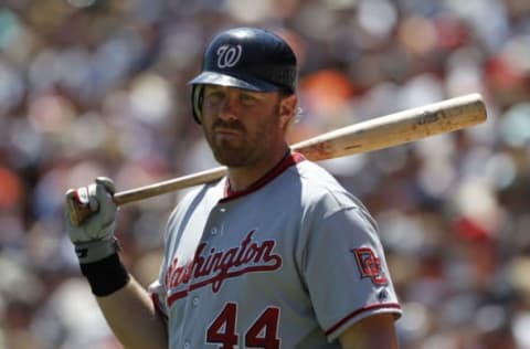 DETROIT – JUNE 17: Adam Dunn #44 of the Washington Nationals get ready to bat in the seventh inning during the game against the Detroit Tigers on June 17, 2010 at Comerica Park in Detroit, Michigan. The Tigers defeated the Nationals 8-3. (Photo by Leon Halip/Getty Images)