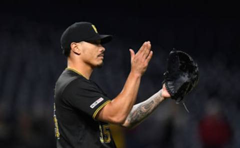 Keone Kela #35 of the Pittsburgh Pirates reacts after a 9-2 win over the Chicago Cubs at PNC Park on September 24, 2019 in Pittsburgh, Pennsylvania. (Photo by Joe Sargent/Getty Images)