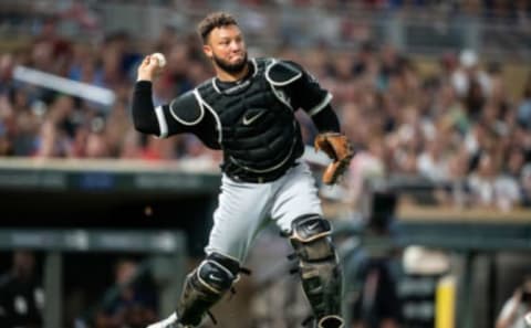 Welington Castillo #21 of the Chicago White Sox throws against the Minnesota Twins on August 20, 2019 at the Target Field in Minneapolis, Minnesota. The Twins defeated the White Sox 14-4. (Photo by Brace Hemmelgarn/Minnesota Twins/Getty Images)