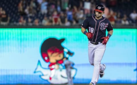 Gerardo Parra #88 of the Washington Nationals rounds the bases after hitting a home run against the Cleveland Indians during the eighth inning at Nationals Park on September 27, 2019 in Washington, DC. (Photo by Scott Taetsch/Getty Images)