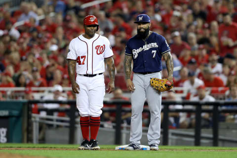 WASHINGTON, DC – OCTOBER 01: Howie Kendrick #47 of the Washington Nationals reacts after hitting a single against the Milwaukee Brewers during the second inning the National League Wild Card game at Nationals Park on October 01, 2019 in Washington, DC. (Photo by Rob Carr/Getty Images)