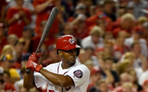 Michael A. Taylor #3 of the Washington Nationals at bat against the Milwaukee Brewers during the National League Wild Card game at Nationals Park on October 1, 2019 in Washington, DC. (Photo by Will Newton/Getty Images)