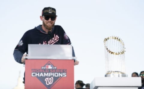 WASHINGTON, DC – NOVEMBER 02: Stephen Strasburg #37 of the Washington Nationals speaks during a parade to celebrate the Washington Nationals World Series victory over the Houston Astros on November 2, 2019 in Washington, DC. This is the first World Series win for the Nationals in 95 years. (Photo by Patrick McDermott/Getty Images)