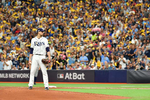 ST PETERSBURG, FLORIDA – OCTOBER 07: Charlie Morton #50 of the Tampa Bay Rays waits to deliver a pitch against the Houston Astros during the third inning in Game Three of the American League Division Series at Tropicana Field on October 07, 2019 in St Petersburg, Florida. (Photo by Julio Aguilar/Getty Images)