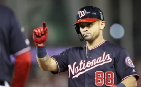 Gerardo Parra #88 of the Washington Nationals celebrates his single in the sixth inning against the St. Louis Cardinals during game four of the National League Championship Series at Nationals Park on October 15, 2019 in Washington, DC. (Photo by Rob Carr/Getty Images)