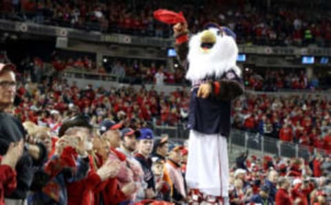 WASHINGTON, DC – OCTOBER 25: The Washington Nationals mascot “Screech” pumps up the crowd prior to Game Three of the 2019 World Series against the Houston Astros at Nationals Park on October 25, 2019 in Washington, DC. (Photo by Rob Carr/Getty Images)