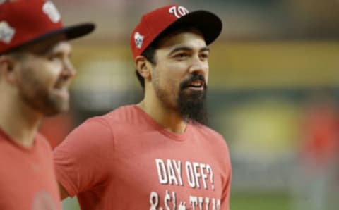 Anthony Rendon #6 of the Washington Nationals looks on during batting practice prior to Game Seven of the 2019 World Series against the Houston Astros at Minute Maid Park on October 30, 2019 in Houston, Texas. (Photo by Bob Levey/Getty Images)