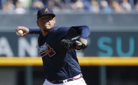 Felix Hernandez #34 of the Atlanta Braves pitches in the second inning of a Grapefruit League spring training game against the Baltimore Orioles at CoolToday Park on February 22, 2020 in North Port, Florida. (Photo by Joe Robbins/Getty Images)