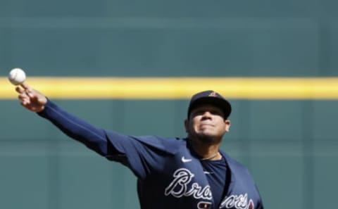 Felix Hernandez #34 of the Atlanta Braves pitches during a Grapefruit League spring training game against the Baltimore Orioles at CoolToday Park on February 22, 2020 in North Port, Florida. The Braves defeated the Orioles 5-0. (Photo by Joe Robbins/Getty Images)