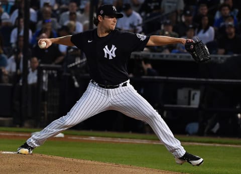 TAMPA, FLORIDA – FEBRUARY 24: Gerrit Cole #45 of the New York Yankees delivers a pitch in the first inning during the spring training game against the Pittsburgh Pirates at Steinbrenner Field on February 24, 2020 in Tampa, Florida. (Photo by Mark Brown/Getty Images)