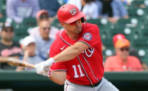 Ryan Zimmerman #11 of the Washington Nationals in action against the Miami Marlins during a spring training baseball game at Roger Dean Stadium on March 10, 2020 in Jupiter, Florida. The Marlins defeated the Nationals 3-2. (Photo by Rich Schultz/Getty Images)