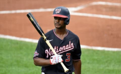 Michael A. Taylor #3 of the Washington Nationals walks to the dugout after striking out in the seventh inning against the Baltimore Orioles at Oriole Park at Camden Yards on August 14, 2020 in Baltimore, Maryland. The game was a continuation of a suspended game from August 9, 2020. (Photo by Greg Fiume/Getty Images)