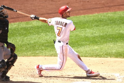 WASHINGTON, DC – AUGUST 23: Trea Turner #7 of the Washington Nationals triples in two runs in the sixth inning during a baseball game against the Miami Marlins at Nationals Park on August 23, 2020 in Washington, DC. (Photo by Mitchell Layton/Getty Images)