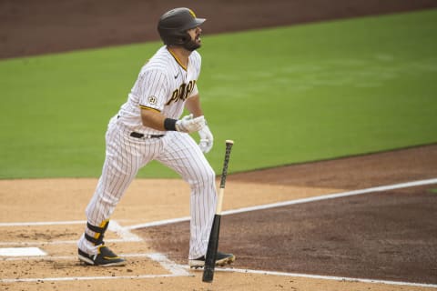 SAN DIEGO, CA – SEPTEMBER 09: Mitch Moreland #18 of the San Diego Padres hits a home run in the bottom of the first inning against the Colorado Rockies at PETCO Park on September 9, 2020 in San Diego, California. (Photo by Matt Thomas/San Diego Padres/Getty Images)