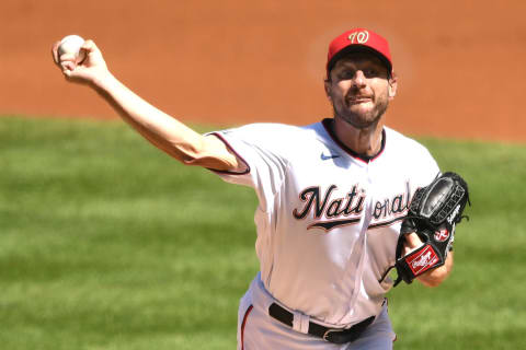 Max Scherzer #31 of the Washington Nationals pitches in the second inning during a game baseball game against the Atlanta Braves at Nationals Park on September 13, 2020 in Washington, DC. (Photo by Mitchell Layton/Getty Images)