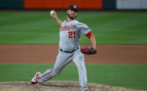 Tanner Rainey #21 of the Washington Nationals delivers a pitch during the seventh inning against the St. Louis Cardinals at Busch Stadium on April 12, 2021 in St. Louis, Missouri. (Photo by Scott Kane/Getty Images)