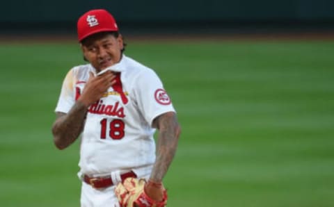 Carlos Martinez #18 of the St. Louis Cardinals reacts after giving up a three-run home run against the Cleveland Indians in the third inning at Busch Stadium on June 8, 2021 in St Louis, Missouri. (Photo by Dilip Vishwanat/Getty Images)