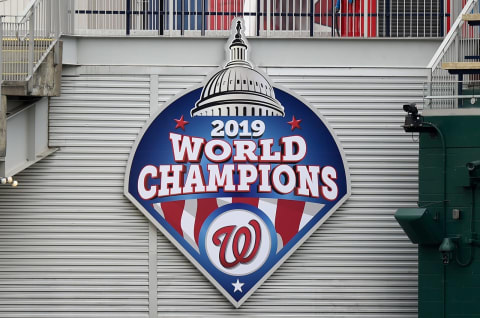 A general view of the 2019 World Series Champions sign at Nationals Park before the game between the Washington Nationals and the Toronto Blue Jays on July 28, 2020 in Washington, DC. (Photo by G Fiume/Getty Images)