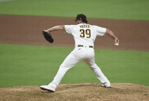 SAN DIEGO, CA – AUGUST 3: Kirby Yates #39 of the San Diego Padres plays during a baseball game against the Los Angeles Dodgers at Petco Park August 3, 2020 in San Diego, California. (Photo by Denis Poroy/Getty Images)