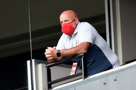 General manager Mike Rizzo of the Washington Nationals watches the game in the sixth inning against the Baltimore Orioles at Oriole Park at Camden Yards on August 14, 2020 in Baltimore, Maryland. The game was a continuation of a suspended game from August 9, 2020. (Photo by G Fiume/Getty Images)