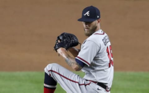 Shane Greene #19 of the Atlanta Braves in action against the New York Yankees at Yankee Stadium on August 12, 2020 in New York City. The Yankees defeated the Braves 6-3. (Photo by Jim McIsaac/Getty Images)