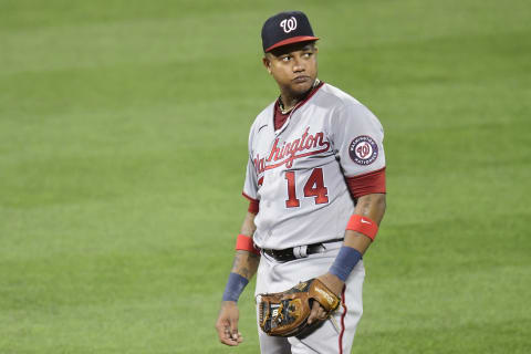 Starlin Castro #14 of the Washington Nationals looks on against the New York Mets at Citi Field on August 11, 2020 in New York City. (Photo by Steven Ryan/Getty Images)