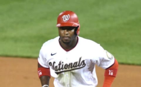 Victor Robles #16 of the Washington Nationals leads off first base during a baseball game against the Philadelphia Phillies at Nationals Park on August 25, 2020 in Washington, DC. (Photo by Mitchell Layton/Getty Images)