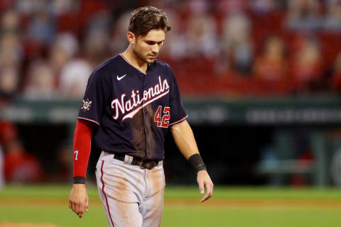 Trea Turner #42 of the Washington Nationals looks on during the fifth inning at Fenway Park on August 29, 2020 in Boston, Massachusetts. All players are wearing #42 in honor of Jackie Robinson Day. The day honoring Jackie Robinson, traditionally held on April 15, was rescheduled due to the COVID-19 pandemic. (Photo by Maddie Meyer/Getty Images)