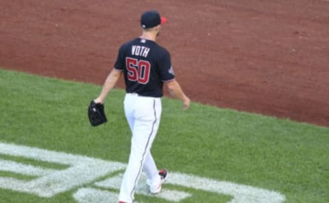 Austin Voth #50 of the Washington Nationals walks back to the dug out during a baseball game against the Miami Marlins at Nationals Park on August 24, 2020 in Washington, DC. (Photo by Mitchell Layton/Getty Images)