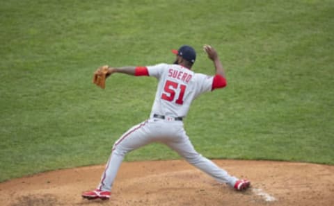 Wander Suero #51 of the Washington Nationals throws a pitch against the Philadelphia Phillies at Citizens Bank Park on September 3, 2020 in Philadelphia, Pennsylvania. The Phillies defeated the Nationals 6-5 in extra innings. (Photo by Mitchell Leff/Getty Images)